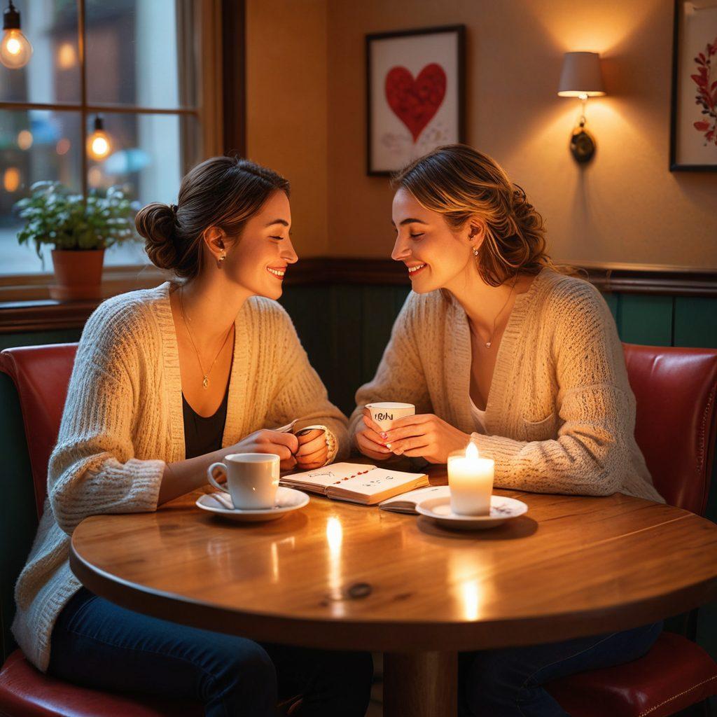 A warm, inviting scene of two people sharing a tender moment in a cozy café, with soft lighting and intimate decor. They are engaged in deep conversation, surrounded by personal mementos that symbolize local culture and affection. Add whimsical touches like heart-shaped coffee art and colorful love notes sprinkled on the table. Capture the essence of intimacy and connection. super-realistic. vibrant colors. cozy atmosphere.