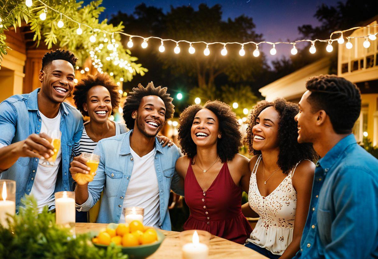 A diverse group of people joyfully engaging in a community gathering, showcasing connections through laughter and shared activities. Heartwarming moments of intimacy between couples and friends, surrounded by nature and colorful decorations. The atmosphere is vibrant and inviting, symbolizing the strength of community love. super-realistic. vibrant colors. warm lighting.