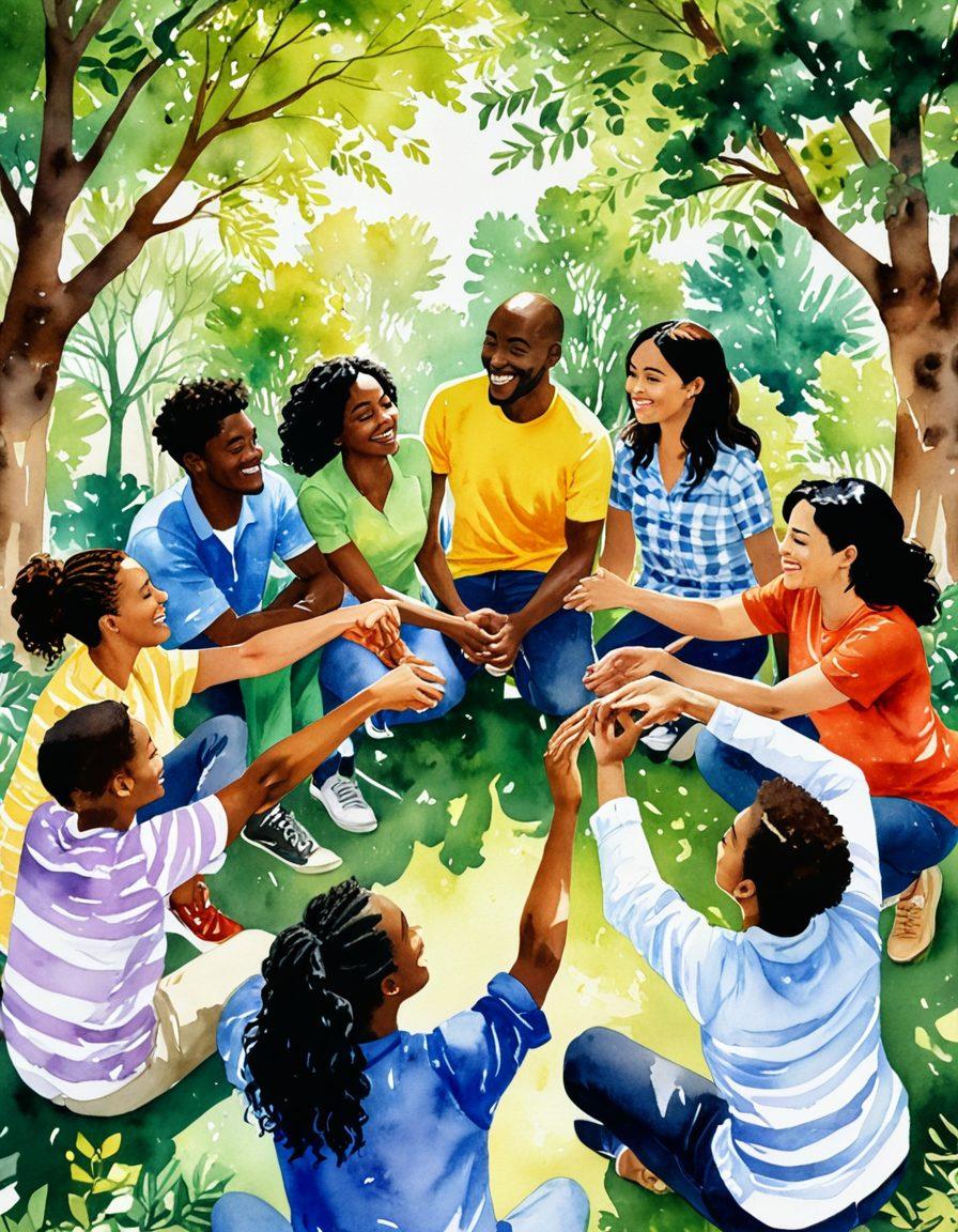 A diverse group of people from different backgrounds collaborating in a vibrant park, sharing ideas and laughter, surrounded by symbols of partnership such as hands joining together and hearts intertwined. The atmosphere is lively and supportive, with warm sunlight filtering through the trees. Infuse elements of diversity, unity, and friendship. watercolor painting. bright colors.